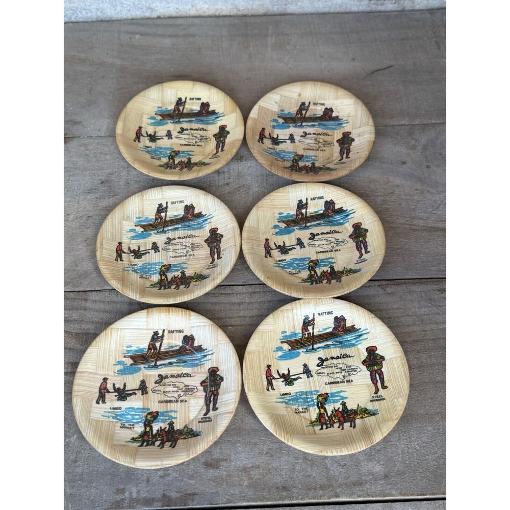 Set Of 6 Bamboo WOODEN‎ DRINK COASTERS - JAMAICA Vintage Jamaican Decor